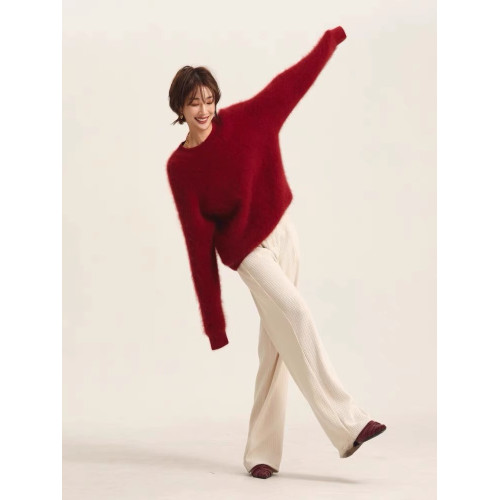 新年法式溫柔風聖誕紅色水貂絨套頭毛衣內搭圓領高級感針織女秋冬 新年法式溫柔風聖誕紅色水貂絨套頭毛衣內搭圓領高級感針織女秋冬