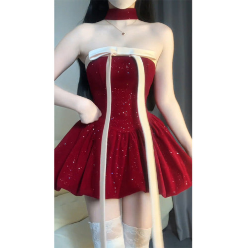 抹胸掛脖氛圍感新年聖誕紅色連衣裙2025年秋冬新款小個子裙子女裝