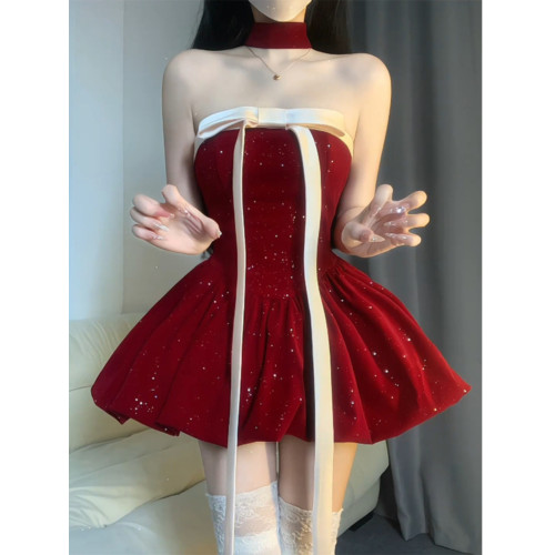 抹胸掛脖氛圍感新年聖誕紅色連衣裙2025年秋冬新款小個子裙子女裝