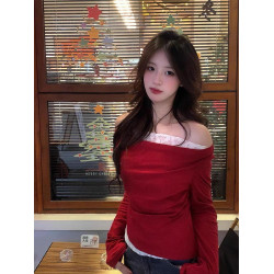 聖誕紅絕美一字露肩上衣法式蕩領蕾絲打底t恤女秋冬磨毛內搭長袖