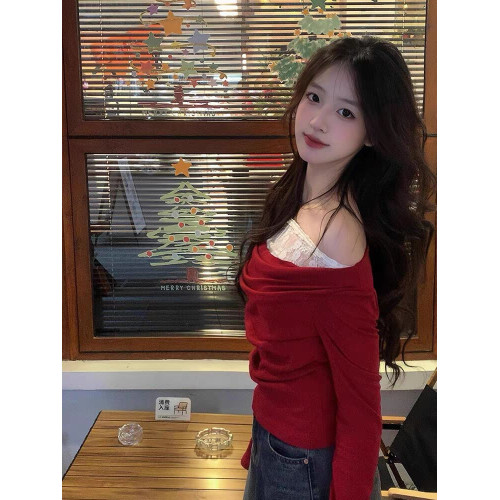 聖誕紅絕美一字露肩上衣法式蕩領蕾絲打底t恤女秋冬磨毛內搭長袖