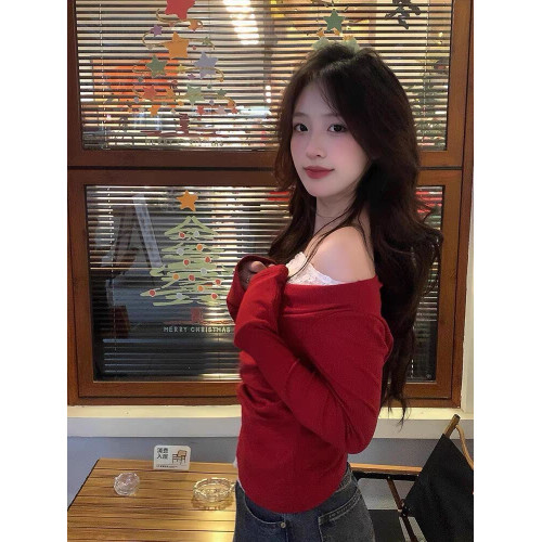 聖誕紅絕美一字露肩上衣法式蕩領蕾絲打底t恤女秋冬磨毛內搭長袖