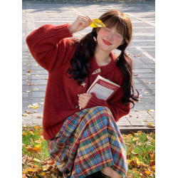 溫柔風甜美小個子穿搭一整套聖誕紅色毛衣外套格子半身裙兩件套裝