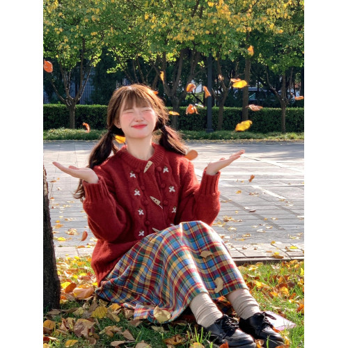 溫柔風甜美小個子穿搭一整套聖誕紅色毛衣外套格子半身裙兩件套裝 溫柔風甜美小個子穿搭一整套聖誕紅色毛衣外套格子半身裙兩件套裝