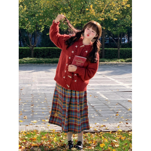 溫柔風甜美小個子穿搭一整套聖誕紅色毛衣外套格子半身裙兩件套裝 溫柔風甜美小個子穿搭一整套聖誕紅色毛衣外套格子半身裙兩件套裝