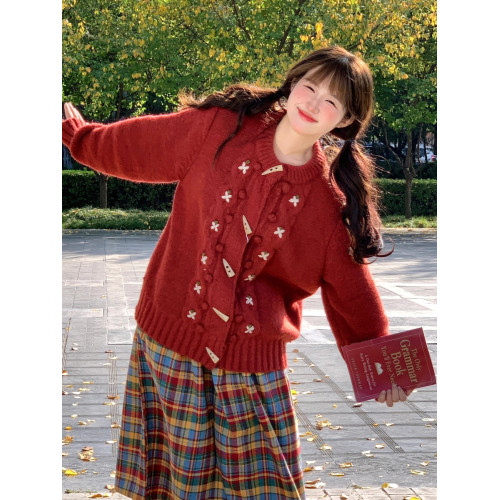 溫柔風甜美小個子穿搭一整套聖誕紅色毛衣外套格子半身裙兩件套裝 溫柔風甜美小個子穿搭一整套聖誕紅色毛衣外套格子半身裙兩件套裝