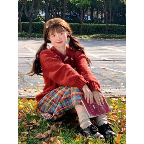 溫柔風甜美小個子穿搭一整套聖誕紅色毛衣外套格子半身裙兩件套裝 溫柔風甜美小個子穿搭一整套聖誕紅色毛衣外套格子半身裙兩件套裝