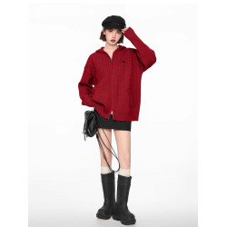 聖誕紅色雙拉鍊連帽麻花毛衣開衫外套女秋冬慵懶寬松加厚針織衛衣