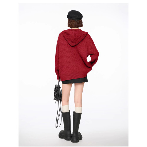 聖誕紅色雙拉鍊連帽麻花毛衣開衫外套女秋冬慵懶寬松加厚針織衛衣