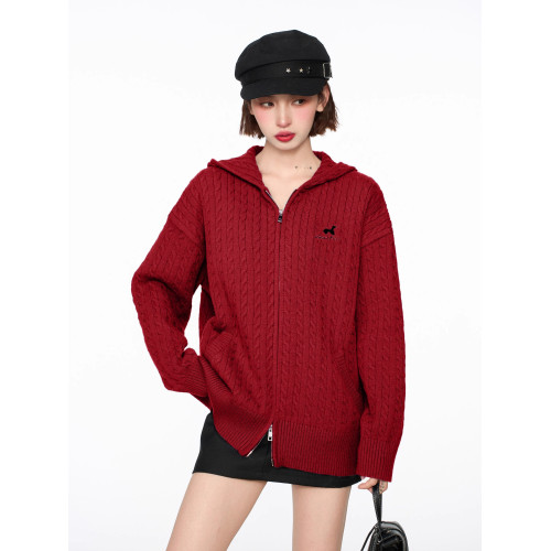 聖誕紅色雙拉鍊連帽麻花毛衣開衫外套女秋冬慵懶寬松加厚針織衛衣