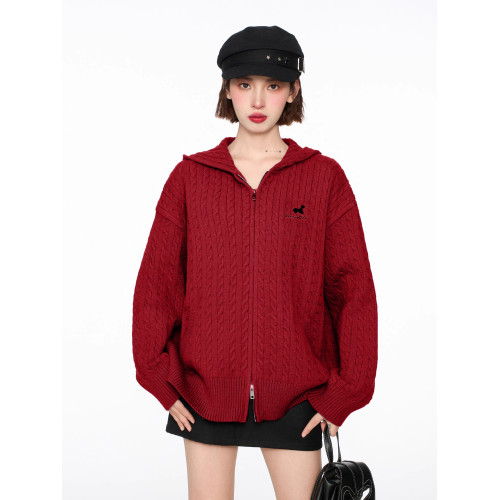 聖誕紅色雙拉鍊連帽麻花毛衣開衫外套女秋冬慵懶寬松加厚針織衛衣