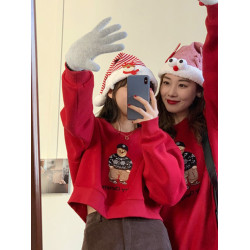 秋冬加絨聖誕節閨蜜裝小熊刺綉衛衣外套女生短款聖誕紅色圓領上衣