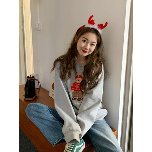 秋冬加絨聖誕節閨蜜裝小熊刺綉衛衣外套女生短款聖誕紅色圓領上衣 秋冬加絨聖誕節閨蜜裝小熊刺綉衛衣外套女生短款聖誕紅色圓領上衣