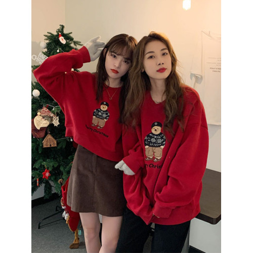 秋冬加絨聖誕節閨蜜裝小熊刺綉衛衣外套女生短款聖誕紅色圓領上衣 秋冬加絨聖誕節閨蜜裝小熊刺綉衛衣外套女生短款聖誕紅色圓領上衣