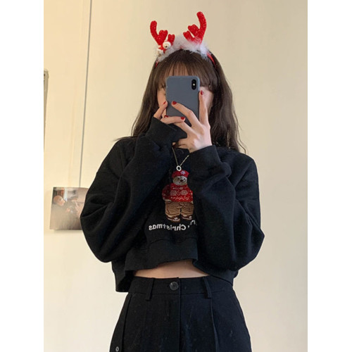 秋冬加絨聖誕節閨蜜裝小熊刺綉衛衣外套女生短款聖誕紅色圓領上衣 秋冬加絨聖誕節閨蜜裝小熊刺綉衛衣外套女生短款聖誕紅色圓領上衣