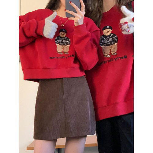 秋冬加絨聖誕節閨蜜裝小熊刺綉衛衣外套女生短款聖誕紅色圓領上衣 秋冬加絨聖誕節閨蜜裝小熊刺綉衛衣外套女生短款聖誕紅色圓領上衣