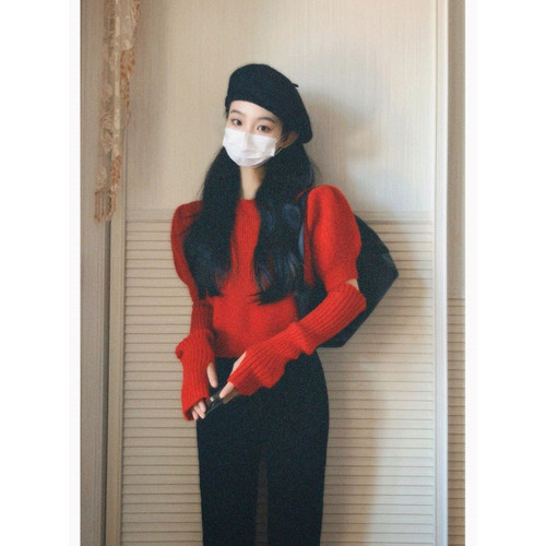 法式高級感聖誕紅色袖套毛衣女秋冬韓系泡泡袖短款針織衫新年衣服