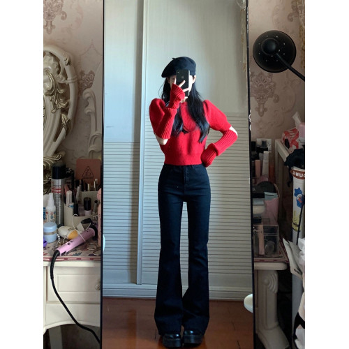 法式高級感聖誕紅色袖套毛衣女秋冬韓系泡泡袖短款針織衫新年衣服