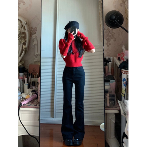 法式高級感聖誕紅色袖套毛衣女秋冬韓系泡泡袖短款針織衫新年衣服