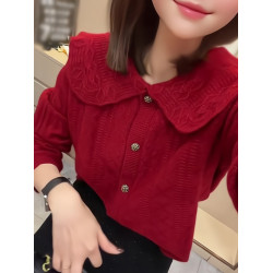 新年聖誕紅色娃娃領單排釦針織開衫女秋冬設計感時尚軟糯短款外套