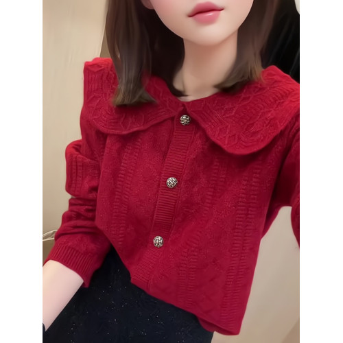 新年聖誕紅色娃娃領單排釦針織開衫女秋冬設計感時尚軟糯短款外套