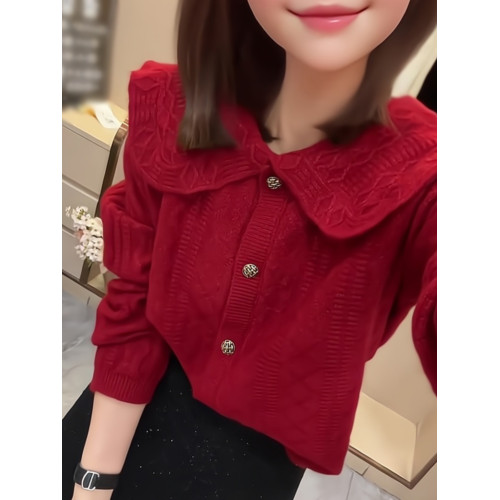 新年聖誕紅色娃娃領單排釦針織開衫女秋冬設計感時尚軟糯短款外套