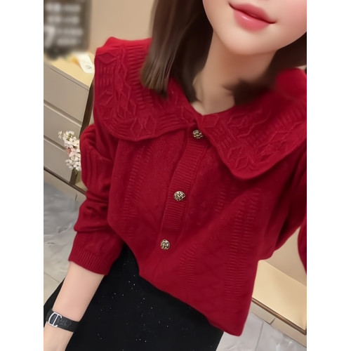 新年聖誕紅色娃娃領單排釦針織開衫女秋冬設計感時尚軟糯短款外套