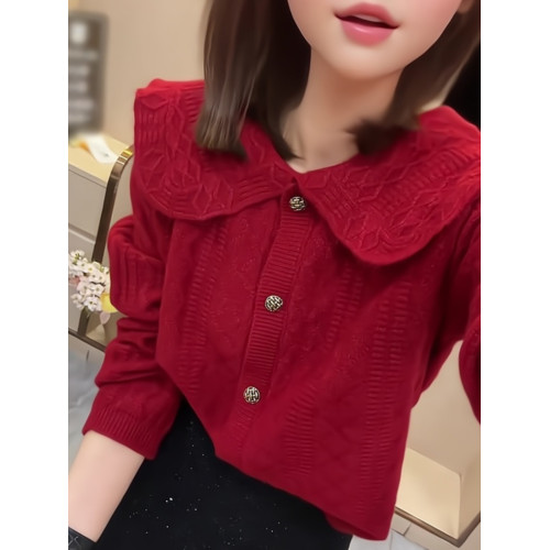 新年聖誕紅色娃娃領單排釦針織開衫女秋冬設計感時尚軟糯短款外套