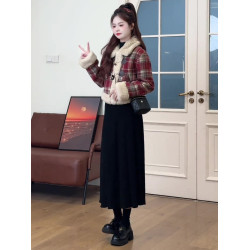 聖誕紅小香風格紋羊羔毛外套2025冬季新款加絨加厚小個子棉衣棉襖