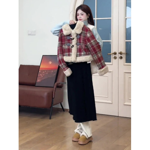 聖誕紅小香風格紋羊羔毛外套2025冬季新款加絨加厚小個子棉衣棉襖 聖誕紅小香風格紋羊羔毛外套2025冬季新款加絨加厚小個子棉衣棉襖