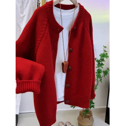歐洲站大牌新年過年聖誕紅色毛衣外套女秋冬季高級感圓領針織開衫