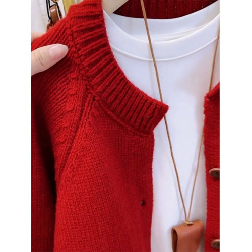 歐洲站大牌新年過年聖誕紅色毛衣外套女秋冬季高級感圓領針織開衫 歐洲站大牌新年過年聖誕紅色毛衣外套女秋冬季高級感圓領針織開衫