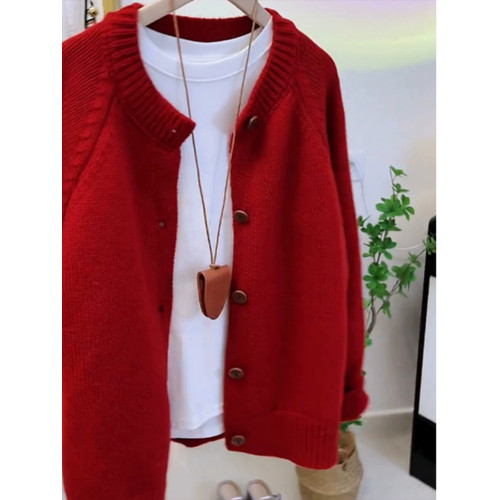 歐洲站大牌新年過年聖誕紅色毛衣外套女秋冬季高級感圓領針織開衫 歐洲站大牌新年過年聖誕紅色毛衣外套女秋冬季高級感圓領針織開衫