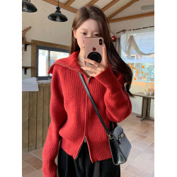 2025年秋季聖誕紅色毛衣外套女翻領喜慶新年紅色拉鍊針織衫短外套