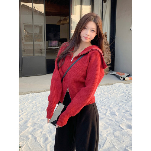 2025年秋季聖誕紅色毛衣外套女翻領喜慶新年紅色拉鍊針織衫短外套 2025年秋季聖誕紅色毛衣外套女翻領喜慶新年紅色拉鍊針織衫短外套