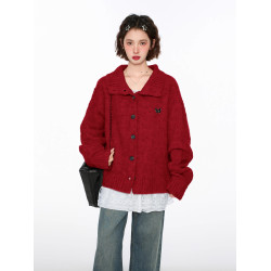 聖誕紅色半高領立領毛衣外套女秋早秋寬松慵懶風加厚翻領針織開衫