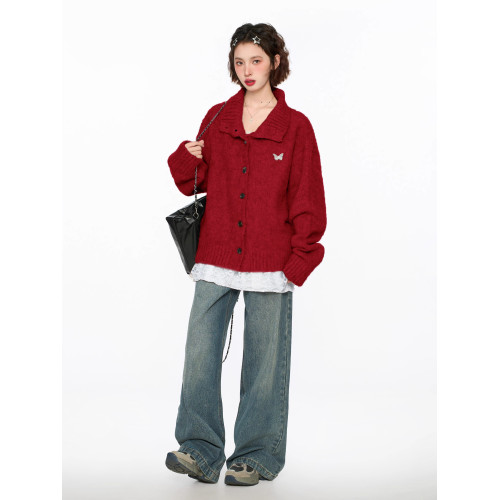 聖誕紅色半高領立領毛衣外套女秋早秋寬松慵懶風加厚翻領針織開衫 聖誕紅色半高領立領毛衣外套女秋早秋寬松慵懶風加厚翻領針織開衫