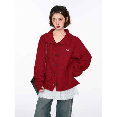 聖誕紅色半高領立領毛衣外套女秋早秋寬松慵懶風加厚翻領針織開衫 聖誕紅色半高領立領毛衣外套女秋早秋寬松慵懶風加厚翻領針織開衫