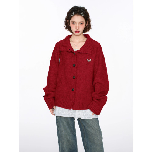 聖誕紅色半高領立領毛衣外套女秋早秋寬松慵懶風加厚翻領針織開衫 聖誕紅色半高領立領毛衣外套女秋早秋寬松慵懶風加厚翻領針織開衫