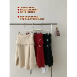 獨衣 一字肩聖誕紅色中長款針織毛衣女秋冬寬松慵懶穿搭露肩上衣