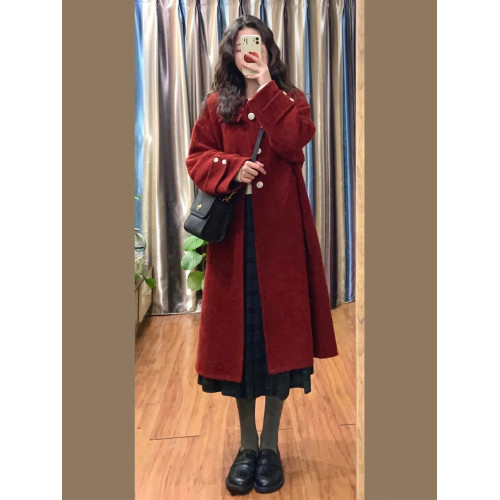 新年聖誕紅色毛呢外套女秋冬季新款圈圈呢中長款小個子呢子大衣