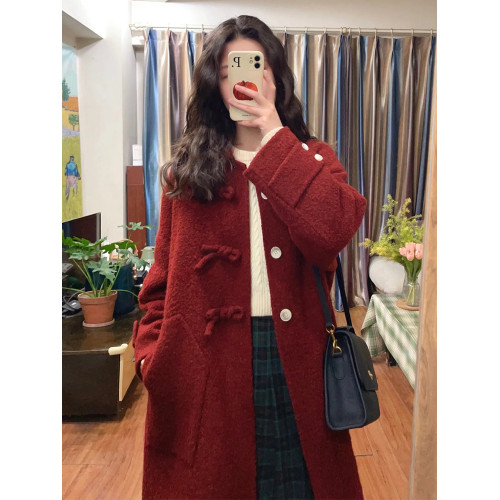 新年聖誕紅色毛呢外套女秋冬季新款圈圈呢中長款小個子呢子大衣