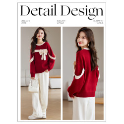 2025冬季新年聖誕紅別致蝴蝶結慵懶風毛衣圓領減齡軟糯小衆上衣女