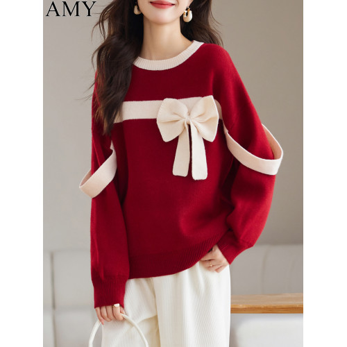 2025冬季新年聖誕紅別致蝴蝶結慵懶風毛衣圓領減齡軟糯小衆上衣女 2025冬季新年聖誕紅別致蝴蝶結慵懶風毛衣圓領減齡軟糯小衆上衣女