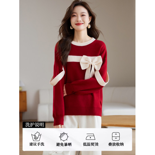 2025冬季新年聖誕紅別致蝴蝶結慵懶風毛衣圓領減齡軟糯小衆上衣女 2025冬季新年聖誕紅別致蝴蝶結慵懶風毛衣圓領減齡軟糯小衆上衣女