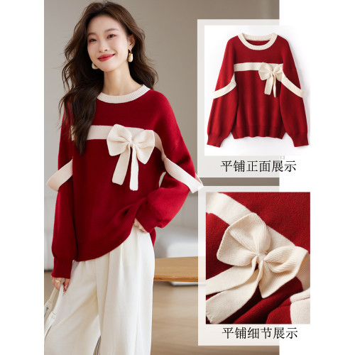 2025冬季新年聖誕紅別致蝴蝶結慵懶風毛衣圓領減齡軟糯小衆上衣女 2025冬季新年聖誕紅別致蝴蝶結慵懶風毛衣圓領減齡軟糯小衆上衣女