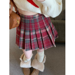 聖誕紅色格子百褶裙女學院風格裙秋冬大碼高腰顯瘦a字短裙半身裙