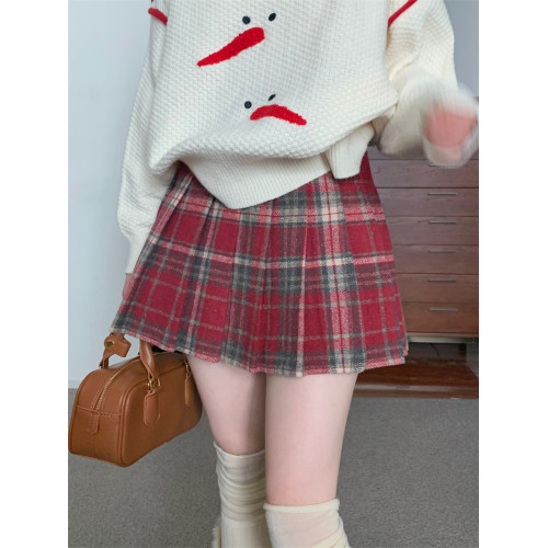 聖誕紅色格子百褶裙女學院風格裙秋冬大碼高腰顯瘦a字短裙半身裙 聖誕紅色格子百褶裙女學院風格裙秋冬大碼高腰顯瘦a字短裙半身裙