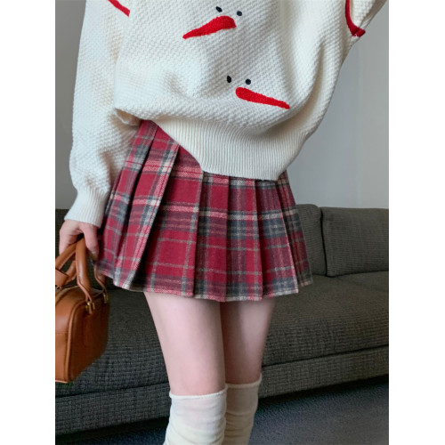 聖誕紅色格子百褶裙女學院風格裙秋冬大碼高腰顯瘦a字短裙半身裙 聖誕紅色格子百褶裙女學院風格裙秋冬大碼高腰顯瘦a字短裙半身裙