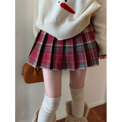 聖誕紅色格子百褶裙女學院風格裙秋冬大碼高腰顯瘦a字短裙半身裙 聖誕紅色格子百褶裙女學院風格裙秋冬大碼高腰顯瘦a字短裙半身裙